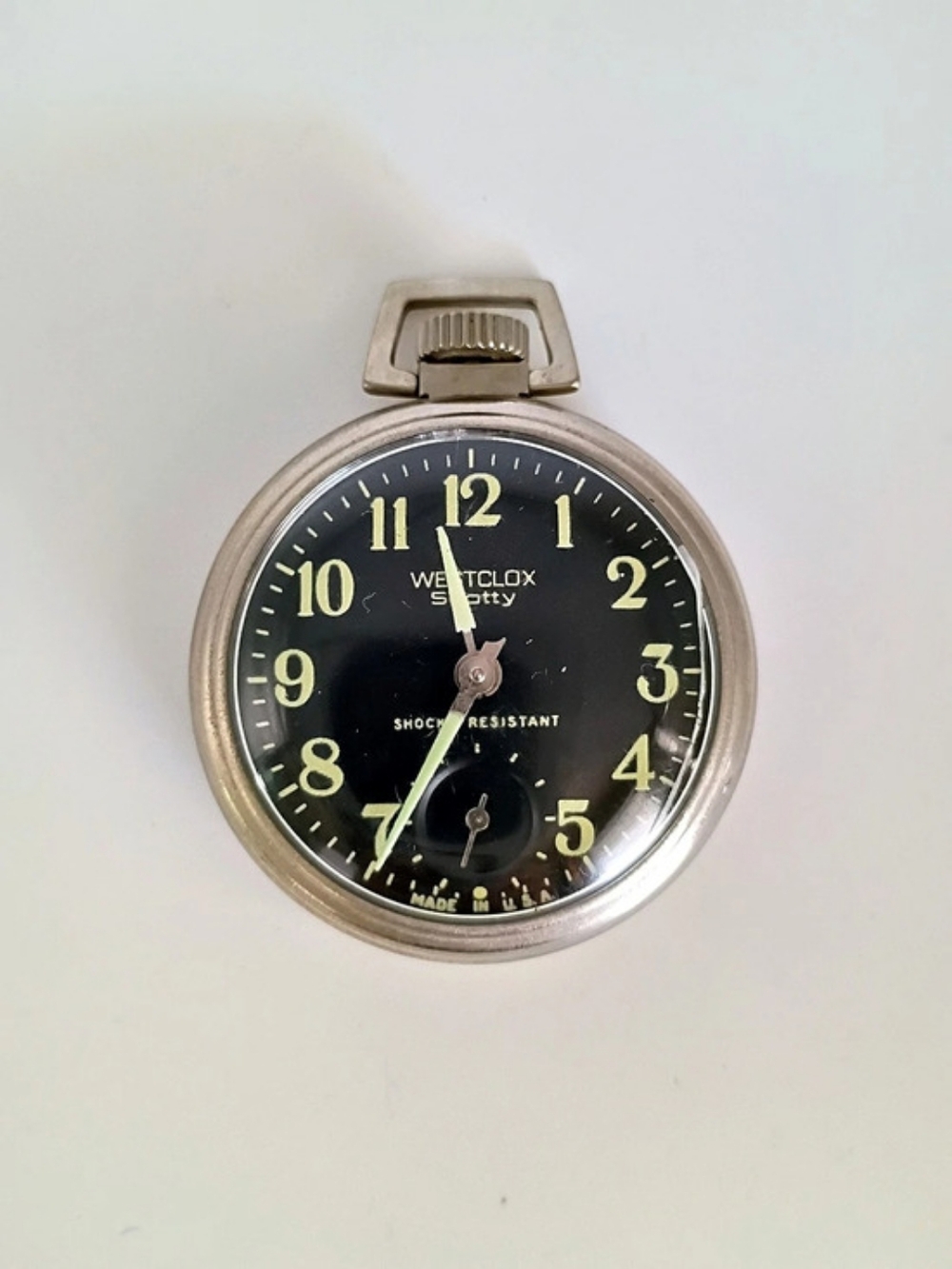 Westclox Scotty Vintage Pocket Watch Silver Tone, Black Dial & Luminous Numbers